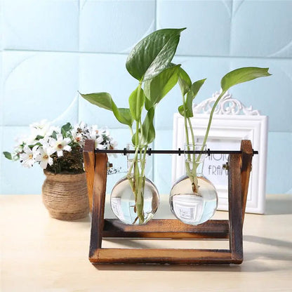 🌿 Glass and Wood Vase Planter – Elegant Desktop & Table Decor - Modern