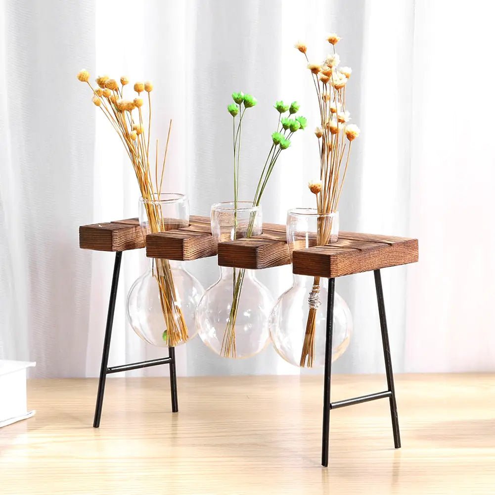 🌿 Glass and Wood Vase Planter – Elegant Desktop & Table Decor - Modern